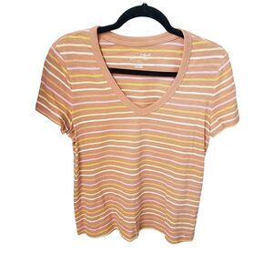 Universal Thread Womens Sz S Tan Striped Short Sleeve V-Neck Shirt Top